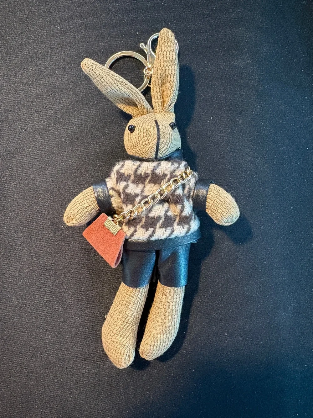 Knit Bunny Keychain with Houndstooth Sweater and Mini Bag - Neutral Tones